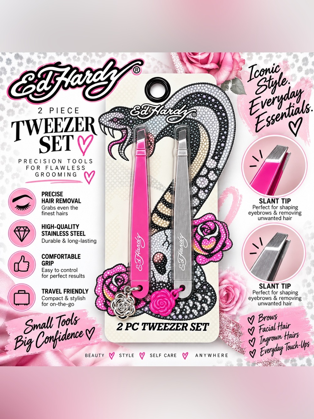 Ed Hardy Pink & Silver 2-Piece Tweezer Set